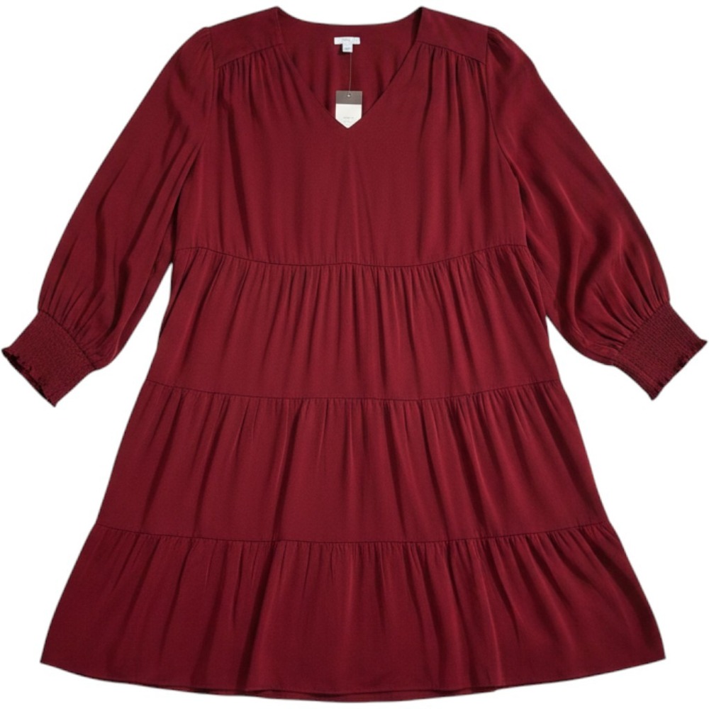 J. Jill Tiered Dress Womens 2X Crimson Red‎ NWT V-Neck Long Sleeve Smocked Cuff